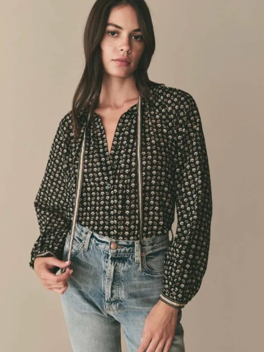 DÔEN Amina Top Noir Medium Countryside Paisley Organic Cotton Tie Neck Blouse